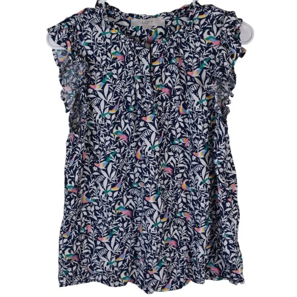LOFT Tops - LOFT Navy Tropical Bird Print Ruffle Bright Blouse Summer Spring Lightweight - M